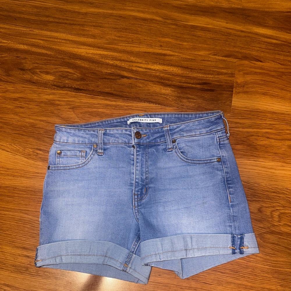 Celebrity Pink Blue Jean Shorts with Frayed Hem
